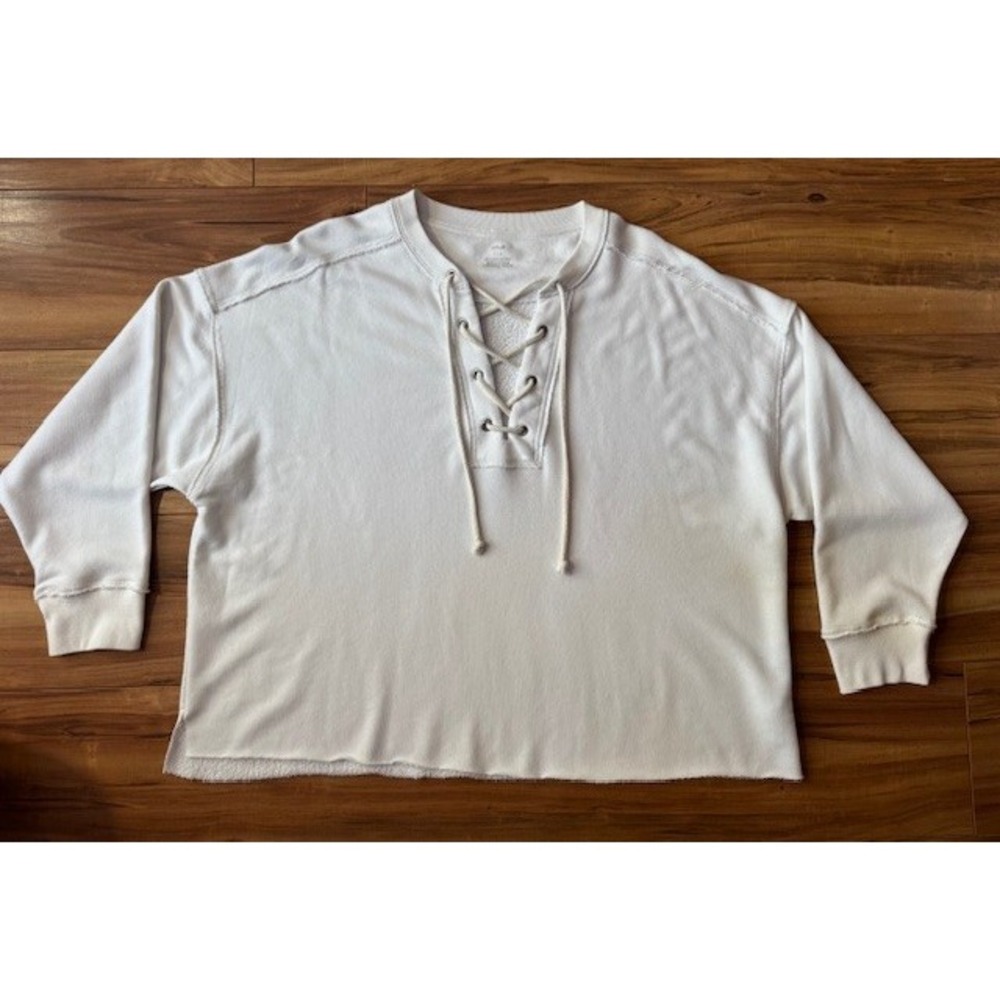Aerie Lace Up V-Neck Sweatshirt White Boxy Raw Hem Large